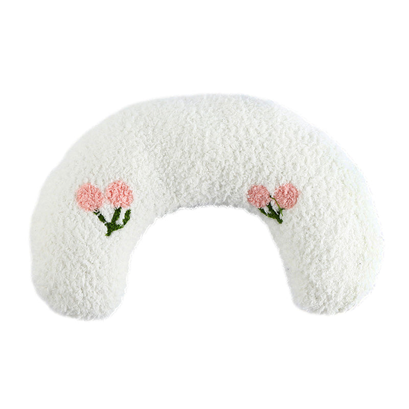 "Mysig U-formad kattsäng i plysch, med mjuk flanell och pärlbomull, i färgerna vit, blå och gul."