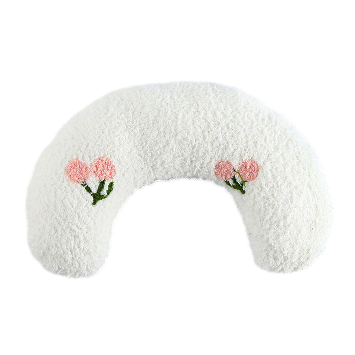 "Mysig U-formad kattsäng i plysch, med mjuk flanell och pärlbomull, i färgerna vit, blå och gul."