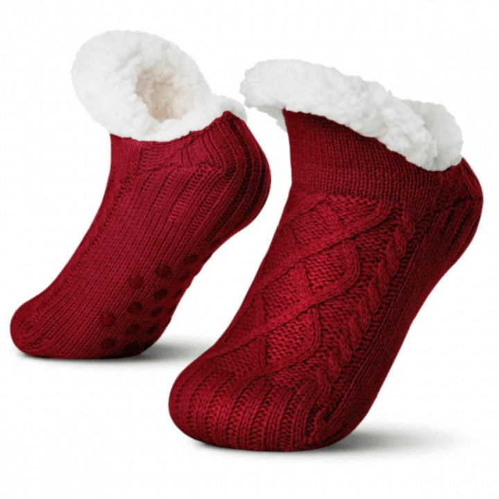 Bekväma fleece-toffelsockor med pålitligt halkskydd, idealiska för varma inomhusdagar.