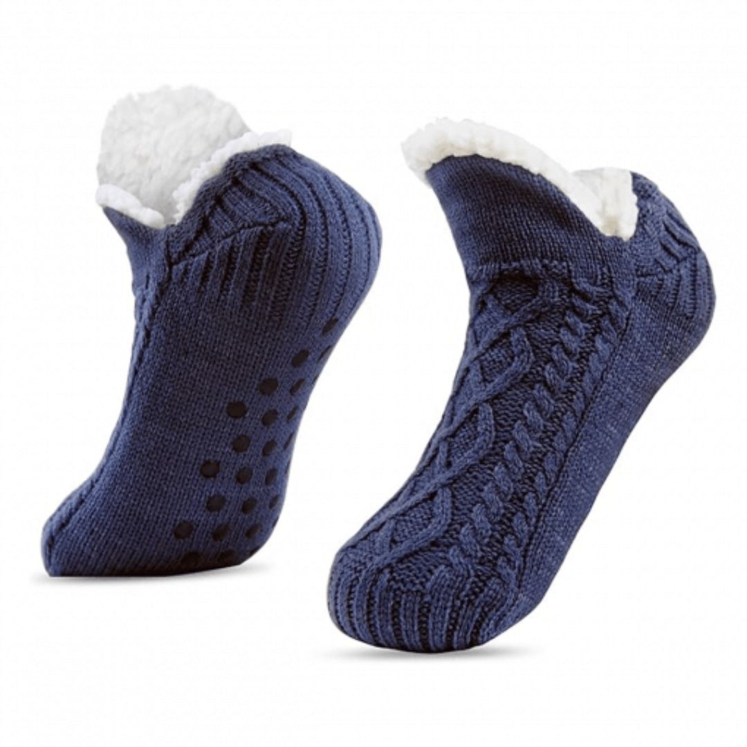 Varma och mjuka toffelsockor i fleece med effektivt halkskydd, perfekta för kalla golv.