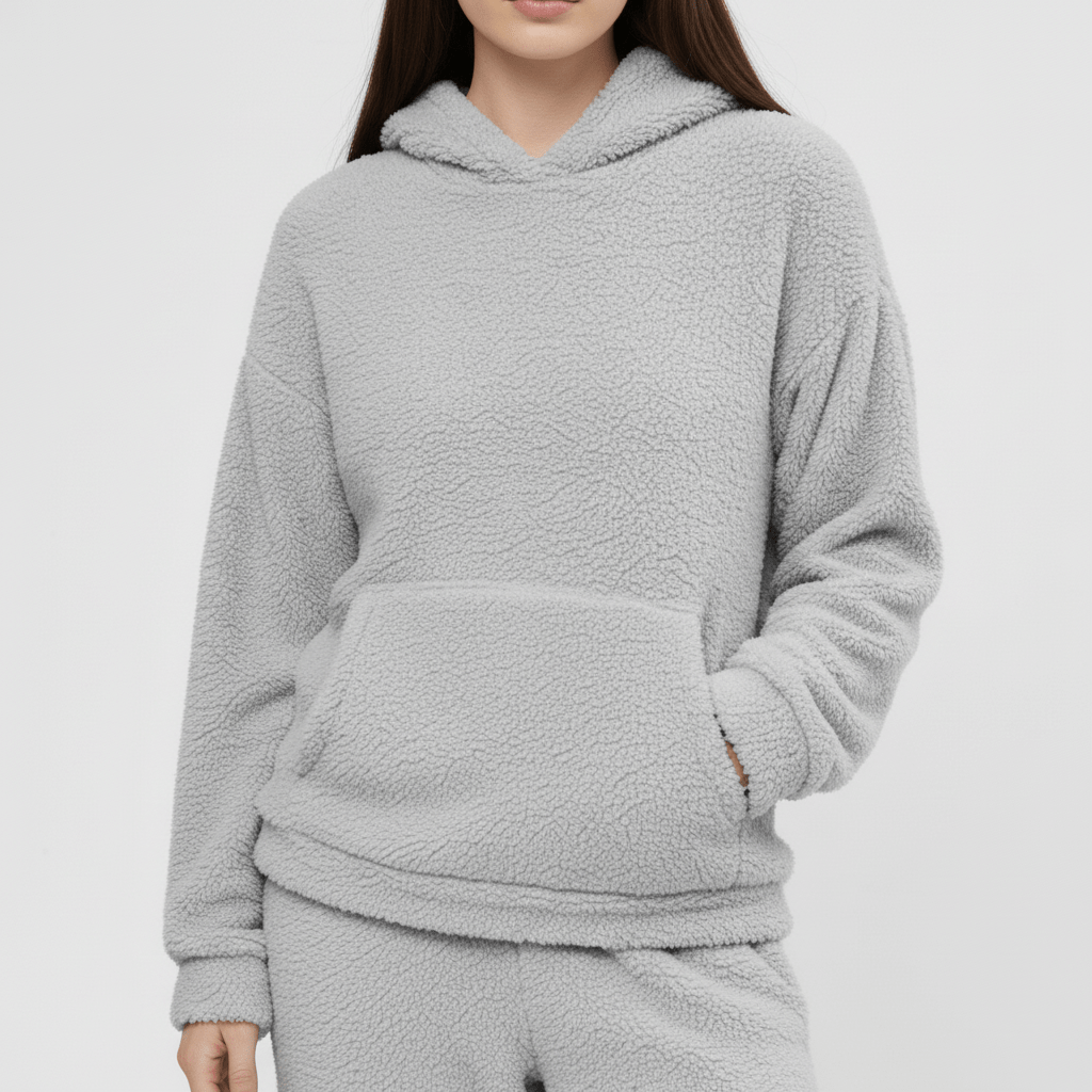 Mysigt Dam Loungewear-set Skye med känguruficka, luvtröja & byxor. Perfekt för avkoppling.