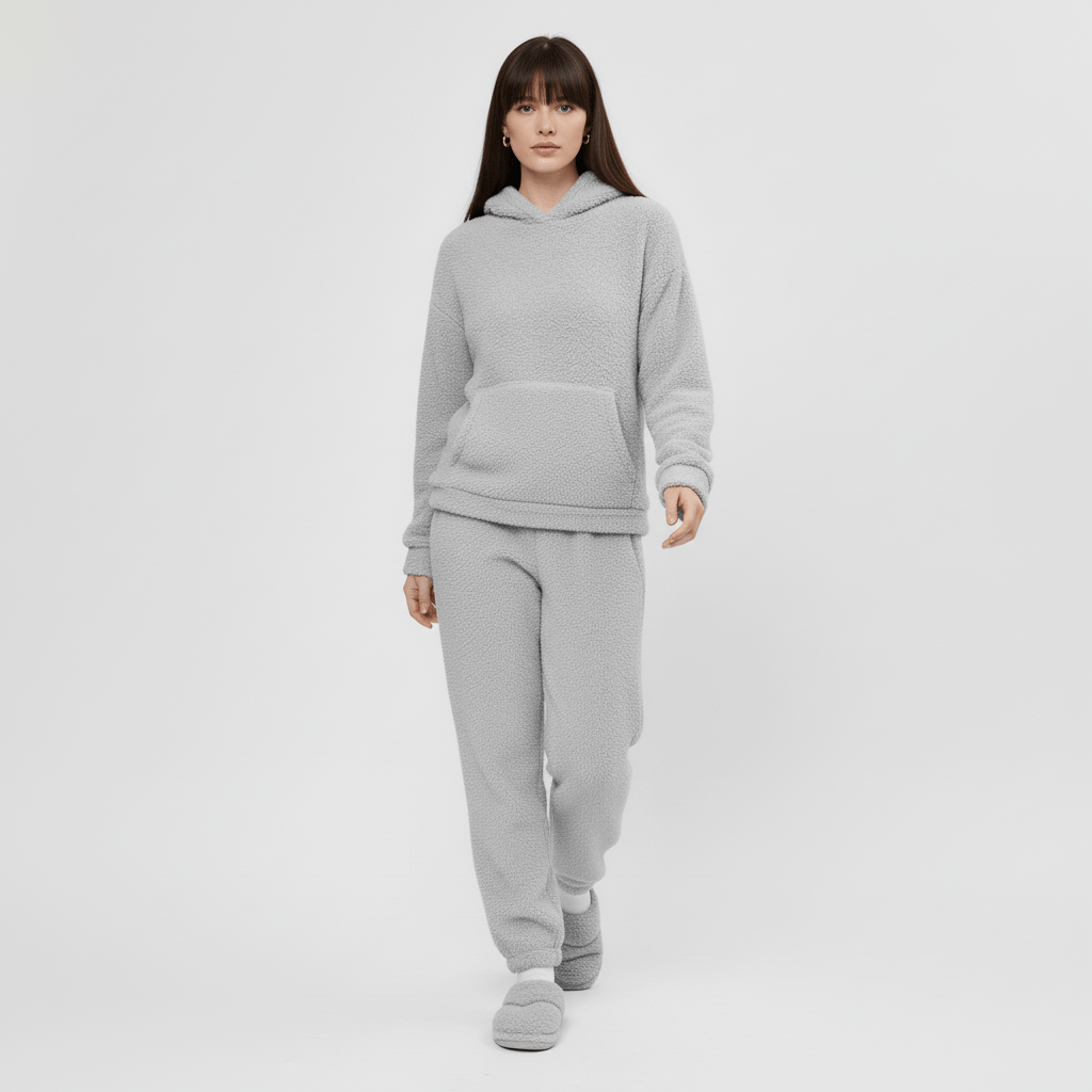 Dam i Skye loungewear-set med känguruficka, poserar bekvämt. Avslappnad look.