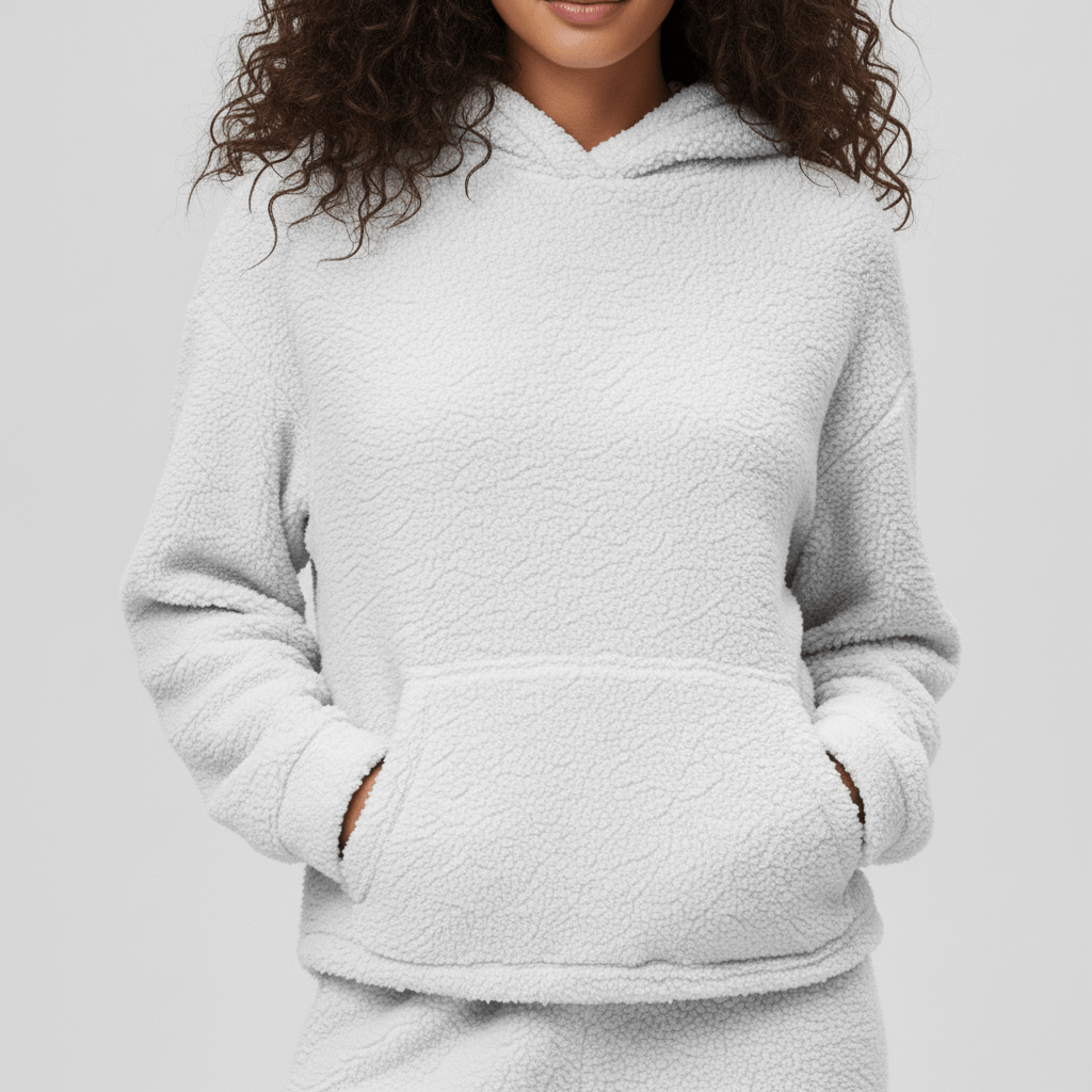 Detaljbild av dragskon på Skye loungewear-setets hoodie. Justerbar komfort.