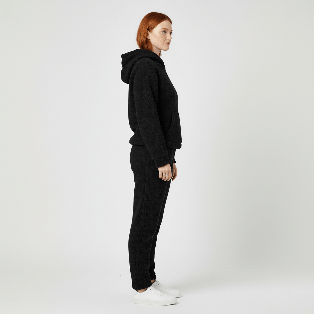 Detaljbild av Skye loungewear-setets känguruficka. Mjukt material & praktisk design.