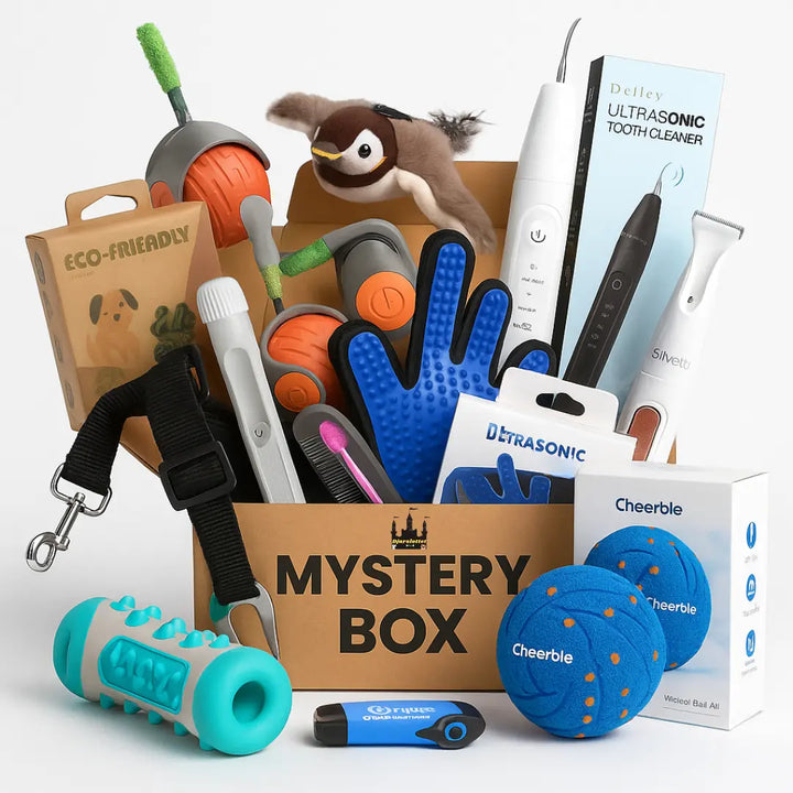 Mystery Box för husdjur. Spännande överraskningsbox med premium djurtillbehör, leksaker och godis för hund & katt.