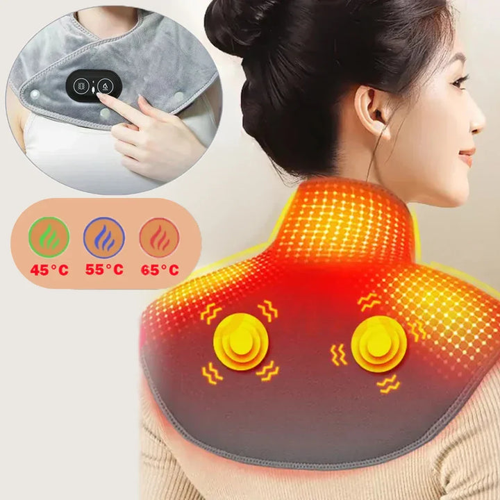 Nack- & axelmassagekudde med värme & vibration för smärtlindring och muskelavslappning. Perfekt för hem/kontor.