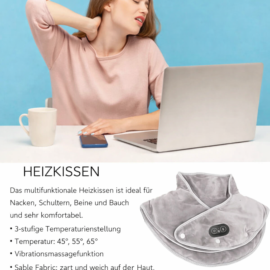 Bärbar nack- & axelmassagekudde med värme & vibration. Ger avslappning, smärtlindring och stressreducering, hemma/kontor.