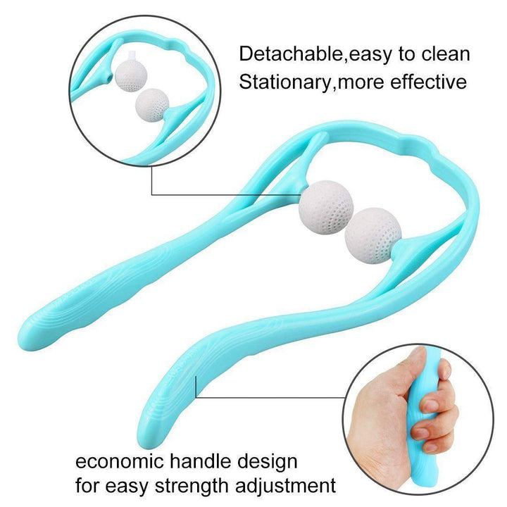 "Nackmassage med massagebollar för smärtlindring, ergonomisk design, blå färg, främjar avslappning och blodcirkulation."