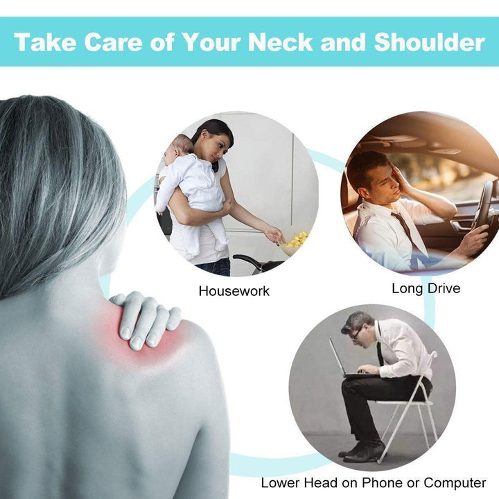 "Nackmassage med massagebollar för smärtlindring, ergonomisk design, blå färg, främjar avslappning och blodcirkulation."