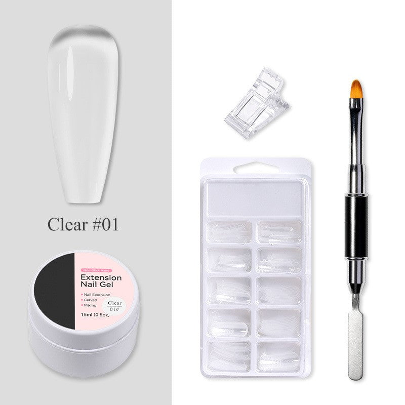 "Nagelförlängningsbyggargel Set för långa, starka naglar. Innehåller gel med glänsande finish och miljövänliga ingredienser."