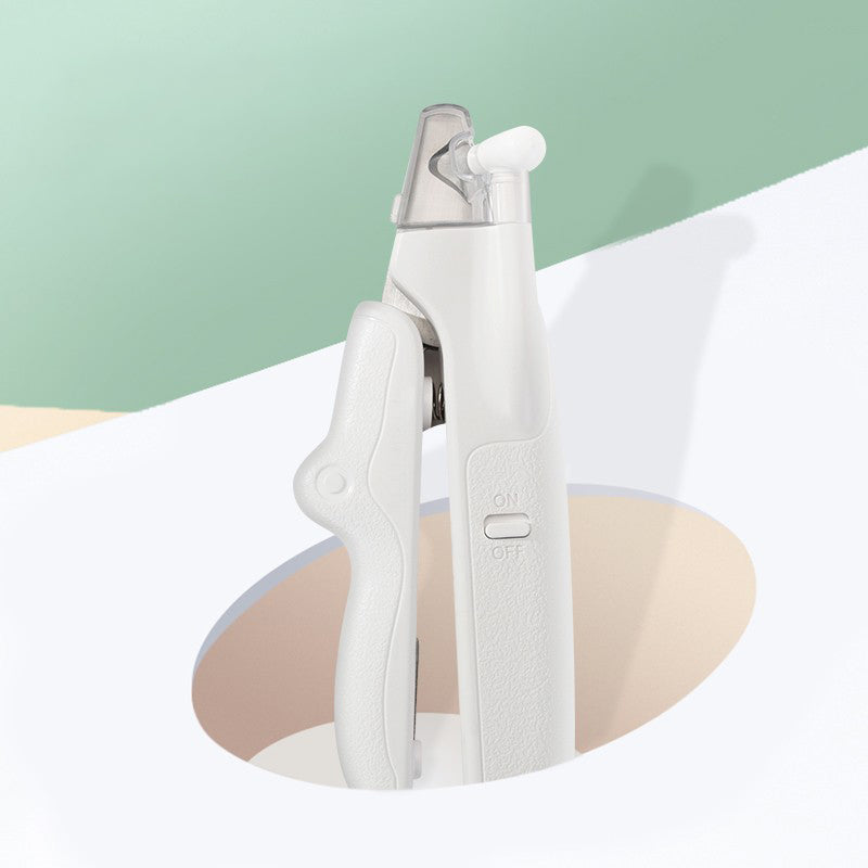 "Nagelklippare för husdjur med LED-ljus, vitt ergonomiskt handtag och inbyggd förvaringslåda, perfekt för säker klippning."