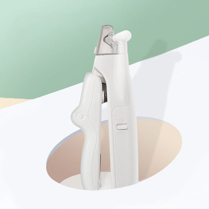 "Nagelklippare för husdjur med LED-ljus, vitt ergonomiskt handtag och inbyggd förvaringslåda, perfekt för säker klippning."