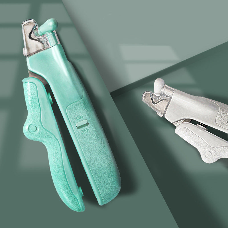 "Nagelklippare för husdjur med LED-ljus, vitt ergonomiskt handtag och inbyggd förvaringslåda, perfekt för säker klippning."