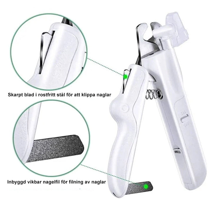 "Nagelklippare för husdjur med LED-ljus, vitt ergonomiskt handtag och inbyggd förvaringslåda, perfekt för säker klippning."