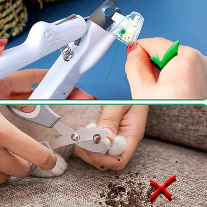 "Nagelklippare för husdjur med LED-ljus, vitt ergonomiskt handtag och inbyggd förvaringslåda, perfekt för säker klippning."