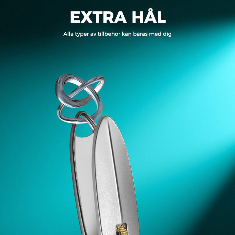 "Nagelklippare i rostfritt stål med ergonomisk design och bred öppning för tjocka naglar. Perfekt för personlig vård."