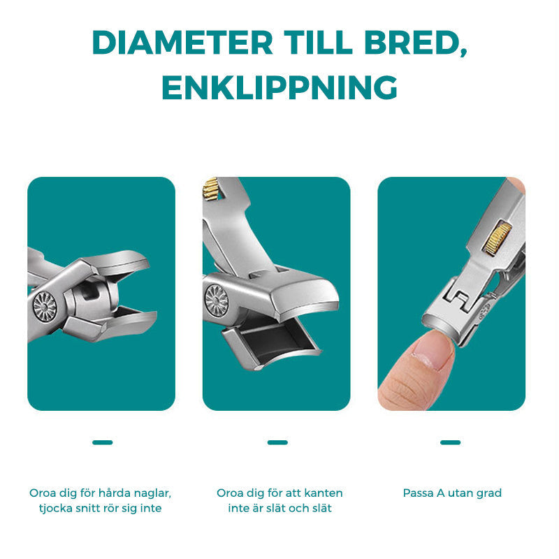 "Nagelklippare i rostfritt stål med ergonomisk design och bred öppning för tjocka naglar. Perfekt för personlig vård."