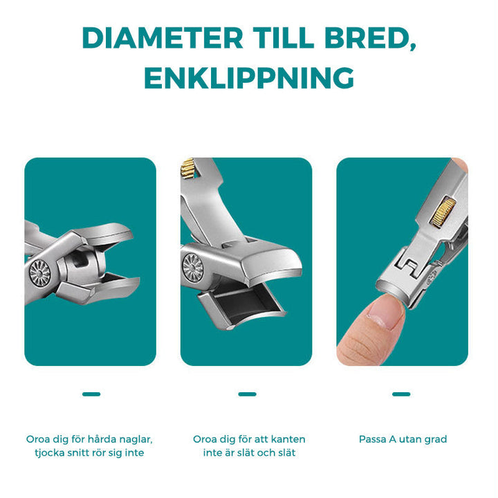 "Nagelklippare i rostfritt stål med ergonomisk design och bred öppning för tjocka naglar. Perfekt för personlig vård."