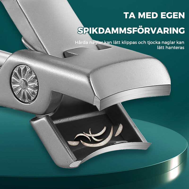 "Nagelklippare i rostfritt stål med ergonomisk design och bred öppning för tjocka naglar. Perfekt för personlig vård."