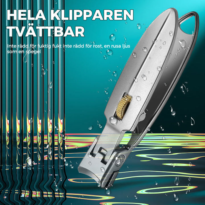 "Nagelklippare i rostfritt stål med ergonomisk design och bred öppning för tjocka naglar. Perfekt för personlig vård."