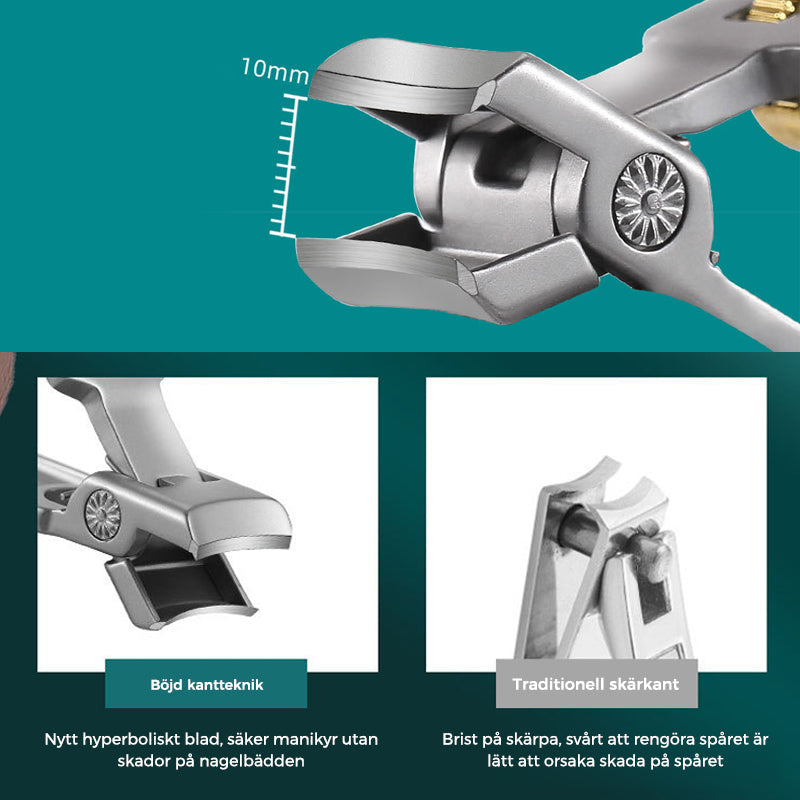 "Nagelklippare i rostfritt stål med ergonomisk design och bred öppning för tjocka naglar. Perfekt för personlig vård."