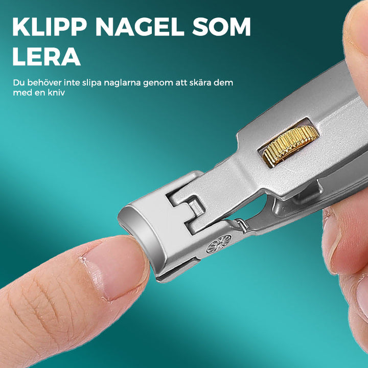"Nagelklippare i rostfritt stål med ergonomisk design och bred öppning för tjocka naglar. Perfekt för personlig vård."