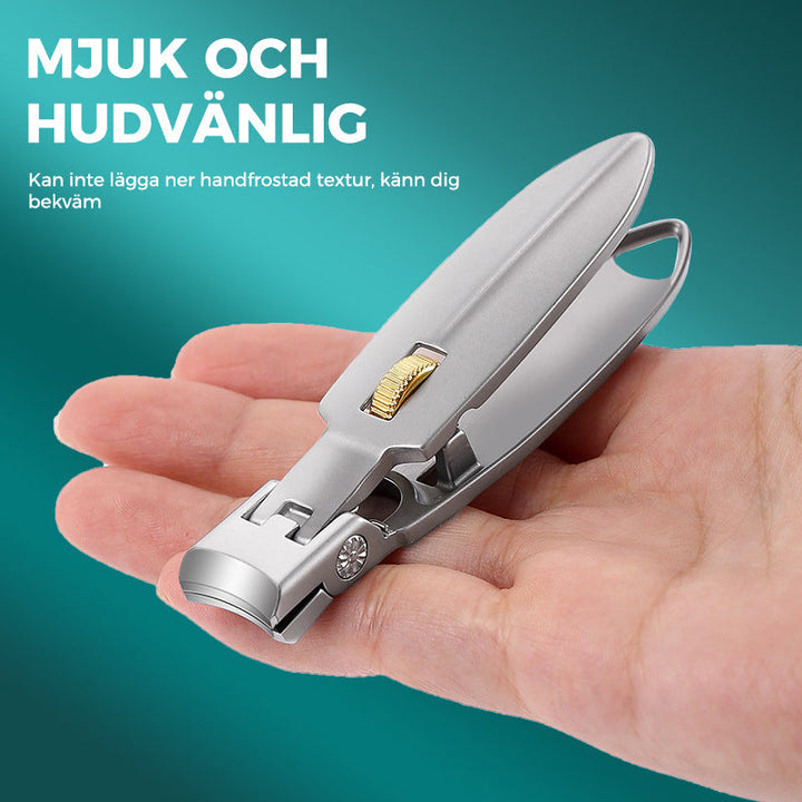 "Nagelklippare i rostfritt stål med ergonomisk design och bred öppning för tjocka naglar. Perfekt för personlig vård."