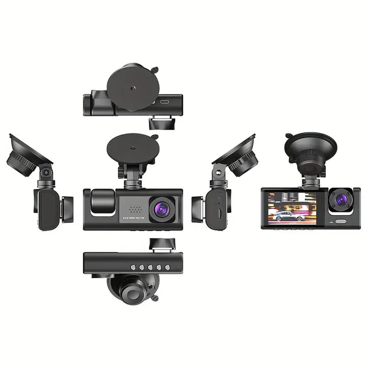 Nattsyns trippellins 1080p bilkamera, fångar fram- och bakvyer, svart, monterad på instrumentbräda, infraröd funktion.