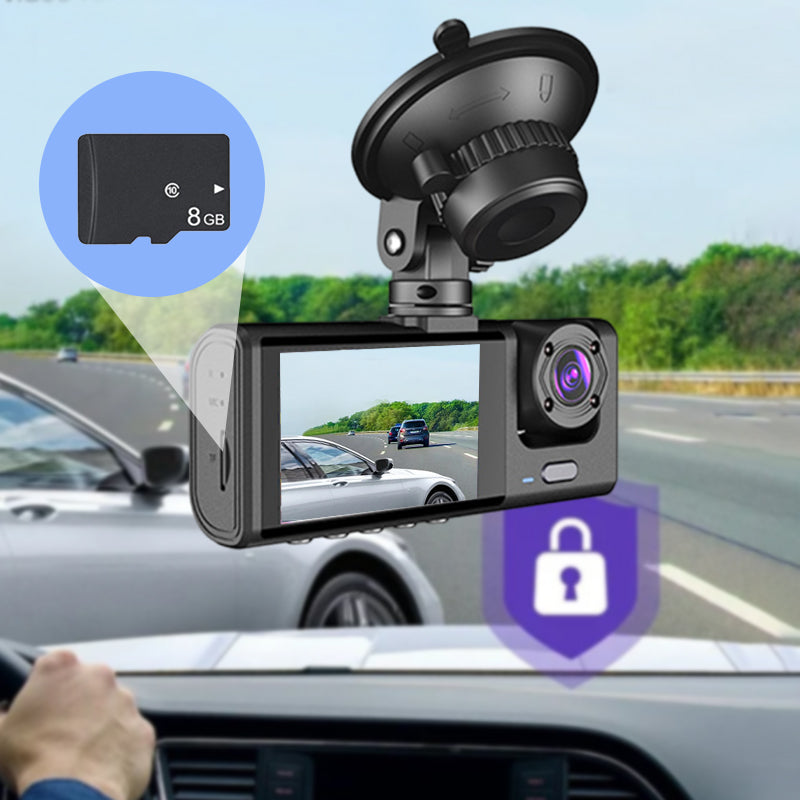 Nattsyns trippellins 1080p bilkamera, fångar fram- och bakvyer, svart, monterad på instrumentbräda, infraröd funktion.