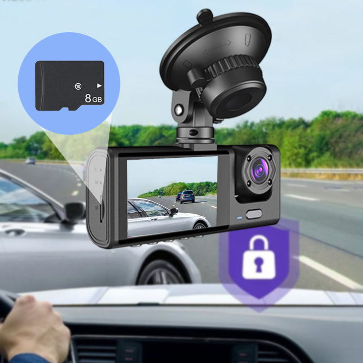 Nattsyns trippellins 1080p bilkamera, fångar fram- och bakvyer, svart, monterad på instrumentbräda, infraröd funktion.