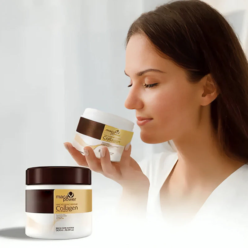 Naturlig kollagenmask för hårvård, rik på veteprotein och arganolja, ger håret djup näring och intensiv glans.