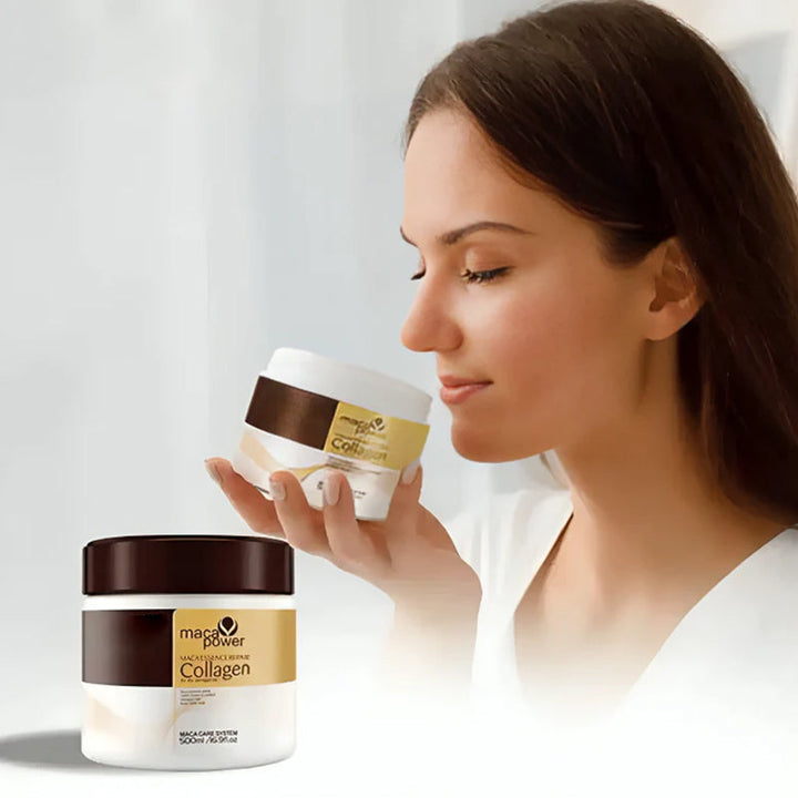 Naturlig kollagenmask för hårvård, rik på veteprotein och arganolja, ger håret djup näring och intensiv glans.