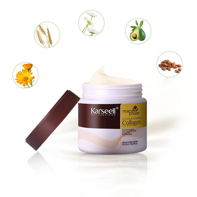 Naturlig kollagenmask för hårvård, rik på veteprotein och arganolja, ger håret djup näring och intensiv glans.