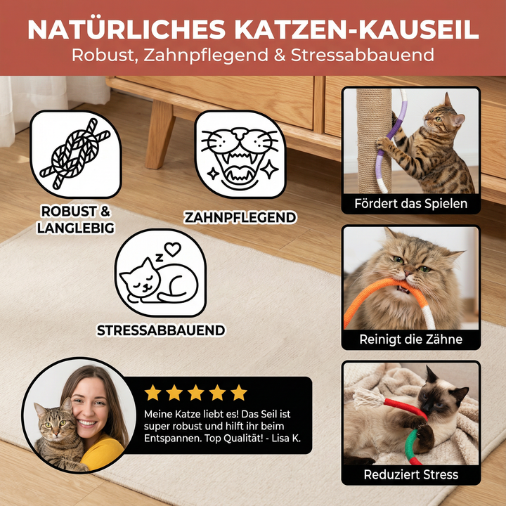 Hållbar tuggleksak av naturmaterial för kattens tandhälsa och tuggbehov. Leksak för aktivitet och lek.