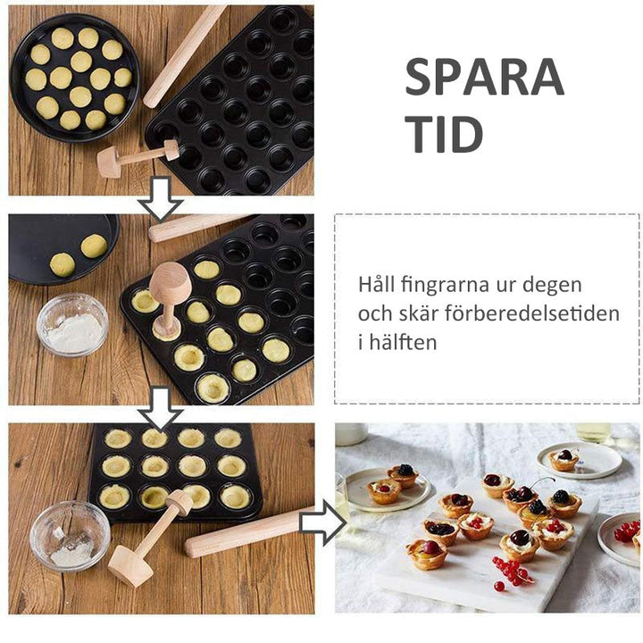 "Naturligt träredskap för bakverk, med tvåsidig design för pressning av deg och kaksmulor, hållbart och fuktbeständigt."