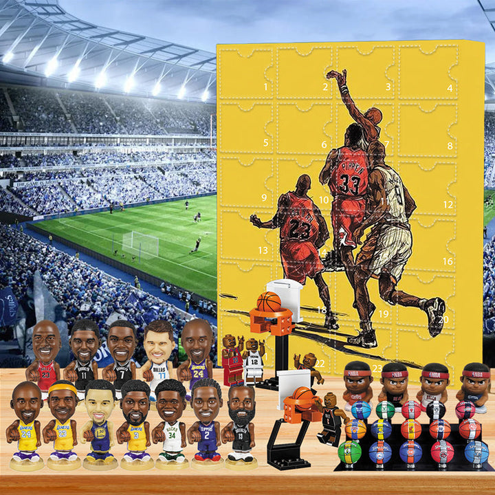 "NBA adventskalender med små prydnader, blå och vit, 24 luckor med baskettemade miniatyrer, perfekt julöverraskning."