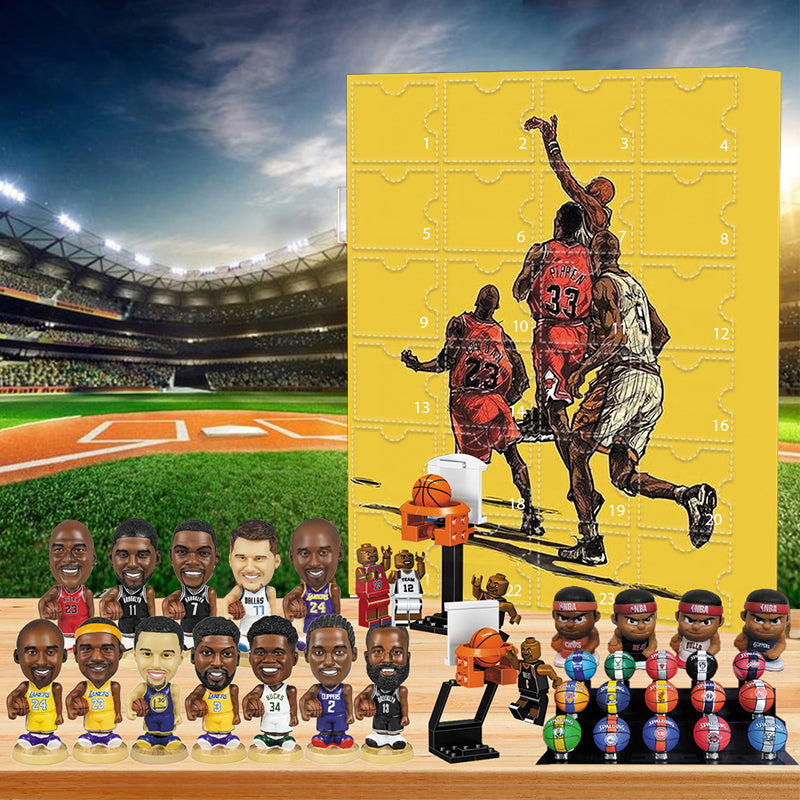 "NBA adventskalender med små prydnader, blå och vit, 24 luckor med baskettemade miniatyrer, perfekt julöverraskning."
