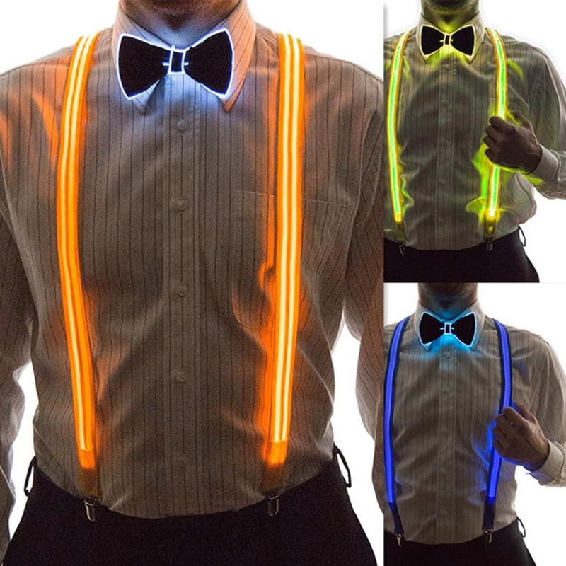 "Neonfärgade LED-hängslen och fluga för fest, i slitstark polyester, lyser i mörker, perfekt för klubbar och festivaler."