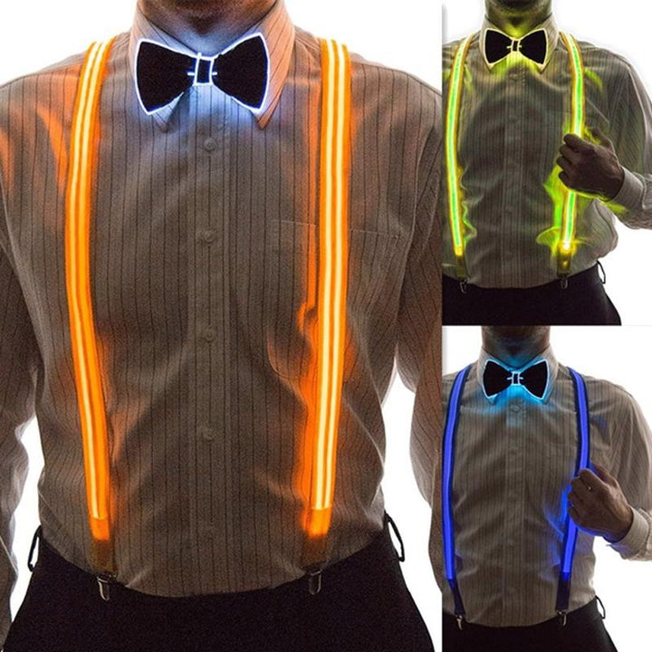"Neonfärgade LED-hängslen och fluga för fest, i slitstark polyester, lyser i mörker, perfekt för klubbar och festivaler."