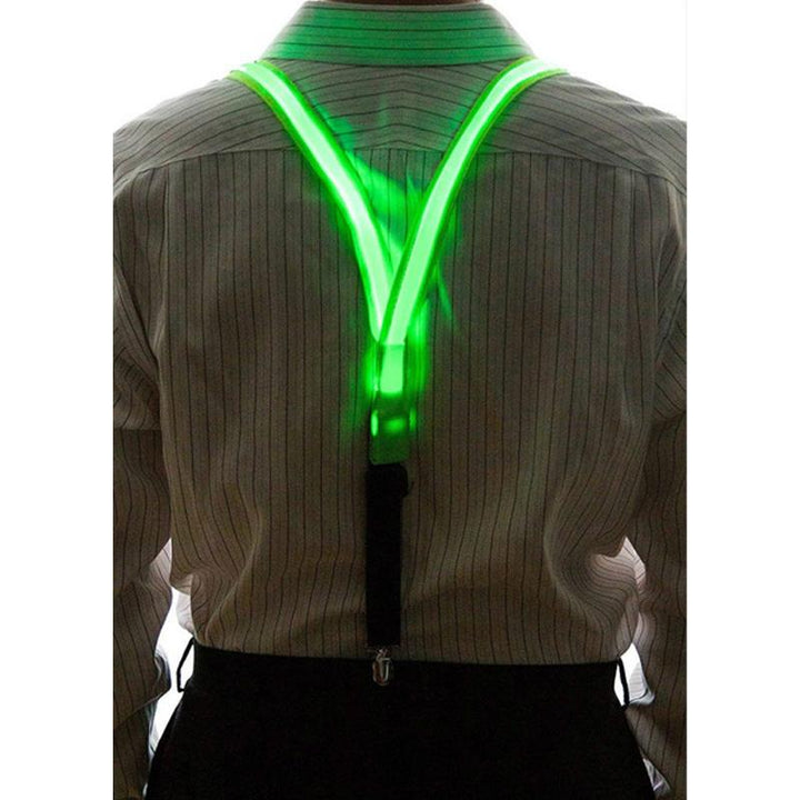 "Neonfärgade LED-hängslen och fluga för fest, i slitstark polyester, lyser i mörker, perfekt för klubbar och festivaler."