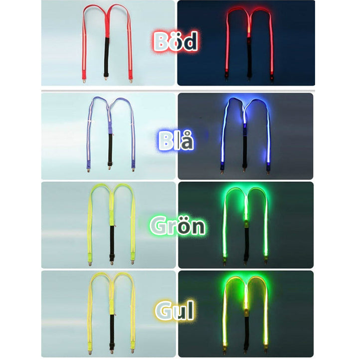 "Neonfärgade LED-hängslen och fluga för fest, i slitstark polyester, lyser i mörker, perfekt för klubbar och festivaler."