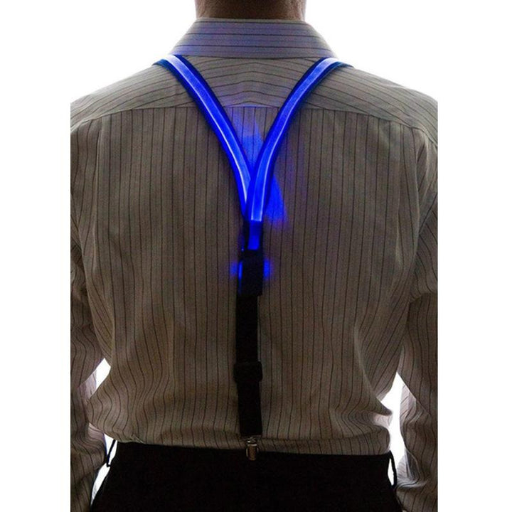 "Neonfärgade LED-hängslen och fluga för fest, i slitstark polyester, lyser i mörker, perfekt för klubbar och festivaler."