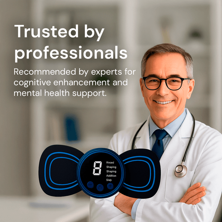 Modern NeuroPulse EMS-massageapparat, designad för ländryggslindring och mot ryggsmärta. Din portabla lösning.