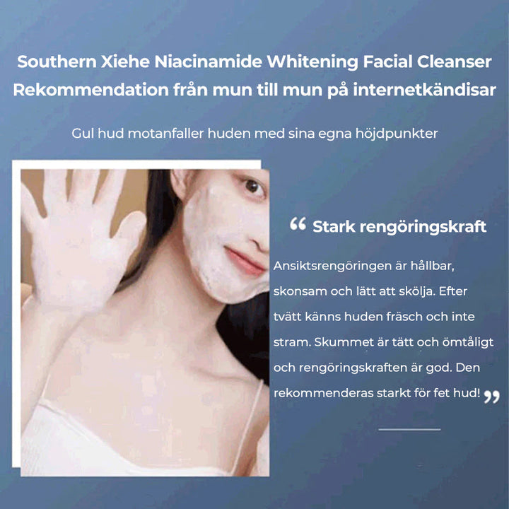 "Niacinamid blekande ansiktsrengöring; vit flaska med grön etikett för mjukare, ljusare hud. Idealisk för alla hudtyper."