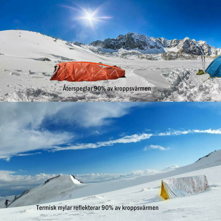 "Nödsovsäck utomhus, vattentät och kompakt i orange, för camping och äventyr, synlig vid nödsituationer."