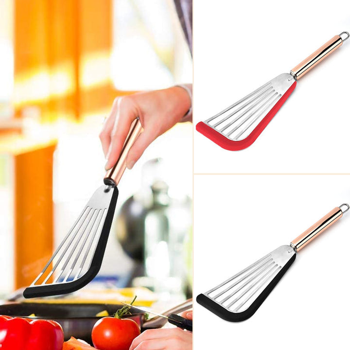 "Nonstick spatelvändare i rostfritt stål och svart silikon, elegant design, perfekt för ägg och pannkakor i köket."