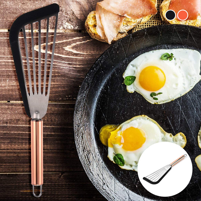 "Nonstick spatelvändare i rostfritt stål och svart silikon, elegant design, perfekt för ägg och pannkakor i köket."
