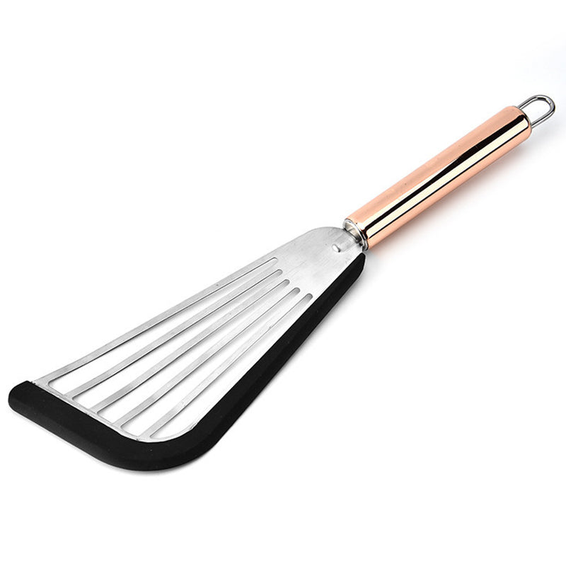"Nonstick spatelvändare i rostfritt stål och svart silikon, elegant design, perfekt för ägg och pannkakor i köket."