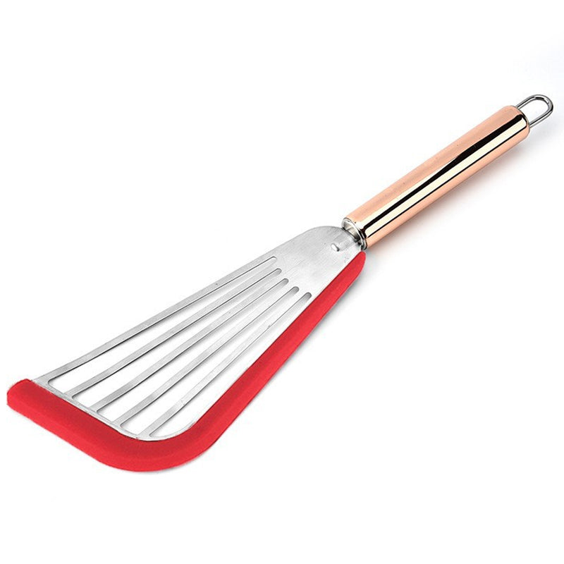 "Nonstick spatelvändare i rostfritt stål och svart silikon, elegant design, perfekt för ägg och pannkakor i köket."