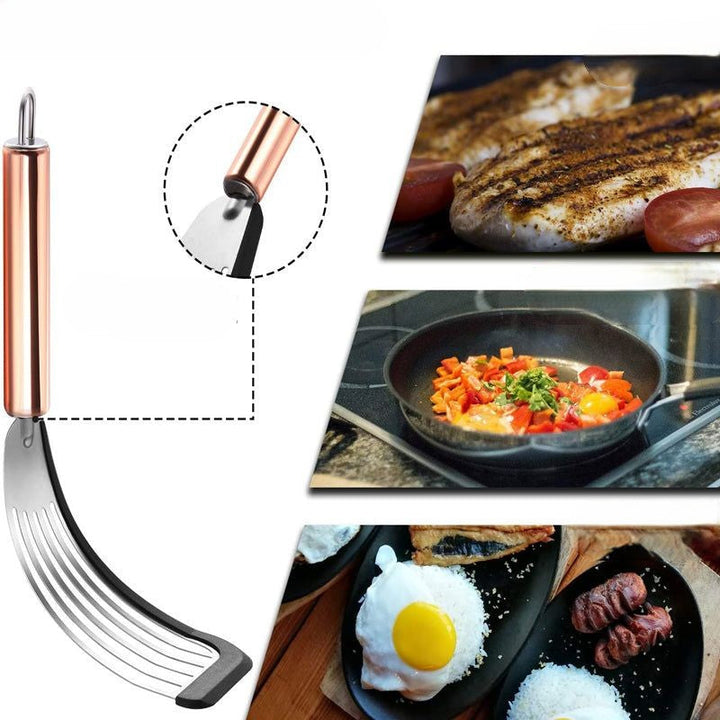 "Nonstick spatelvändare i rostfritt stål och svart silikon, elegant design, perfekt för ägg och pannkakor i köket."